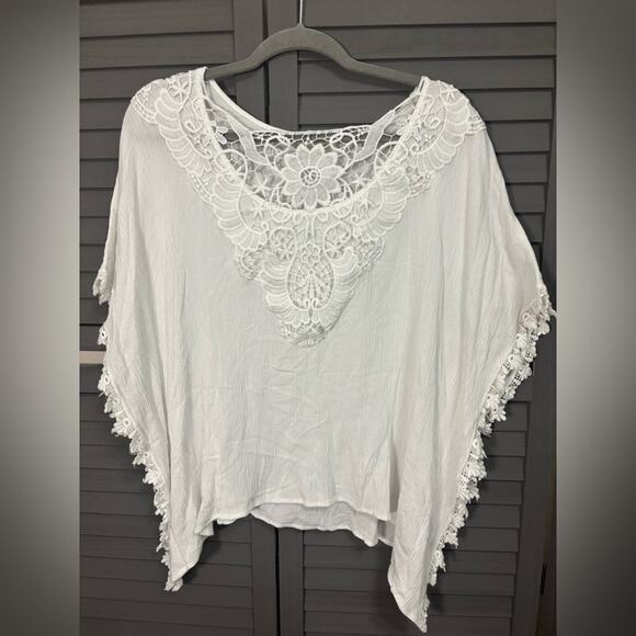 Halo Tops - HALO White Boho Lace Gauze Top Size L Crochet Trim Festival Beach Blouse